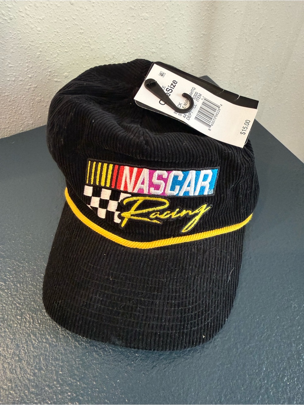 Nascar Black Corduroy Cap with Yellow Piping and Multicolor Logo
